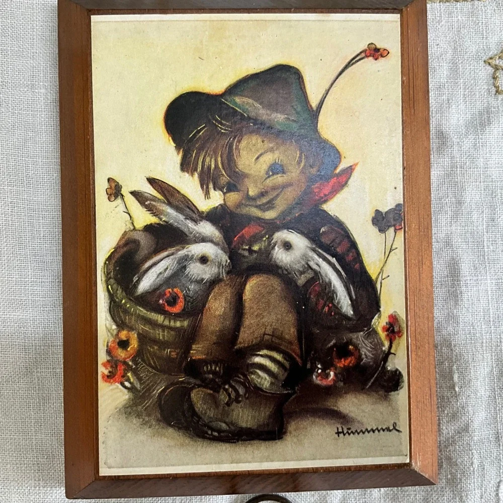 Vintage Hummel Wood Wall Plaques Set of 4 Children Umbrella Rabbits Crow Signed